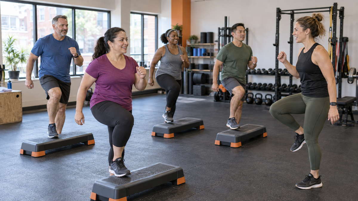 Illustrative fitness scene: adults exercising together in a group class