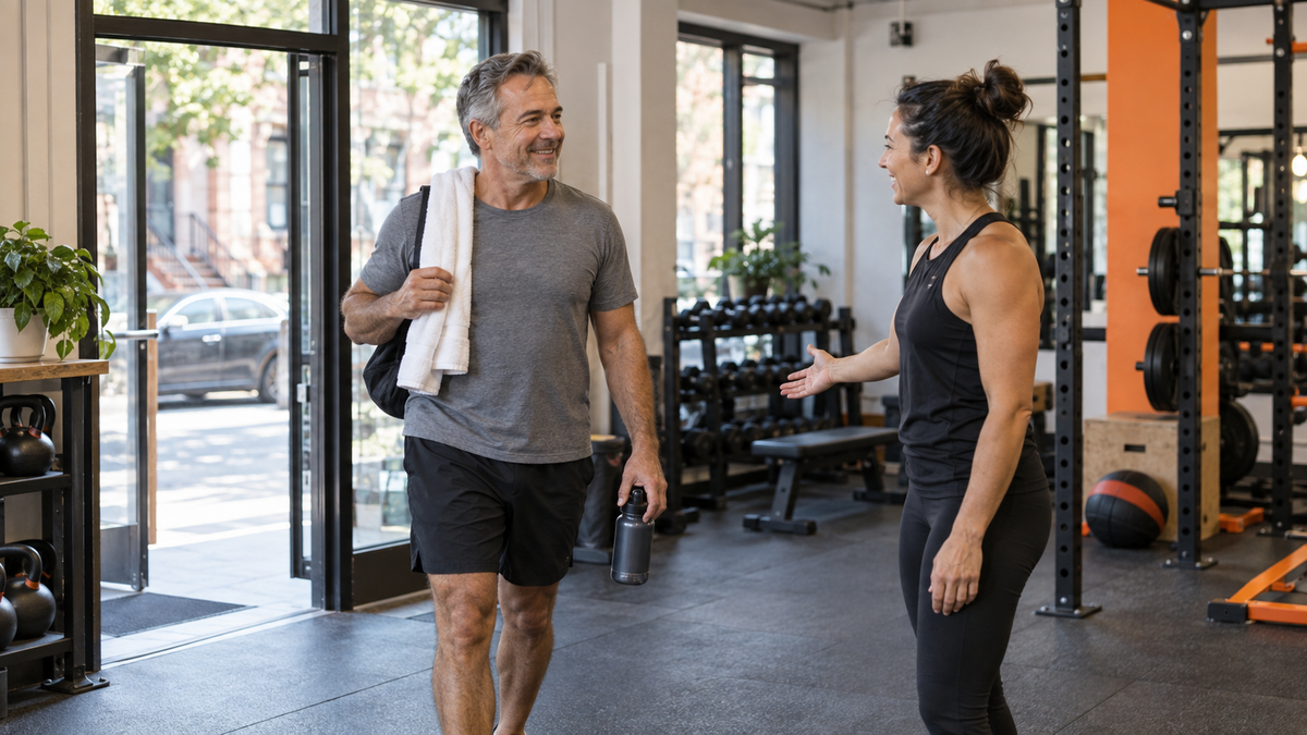 Illustrative fitness scene: a returning gym member greeted by a coach