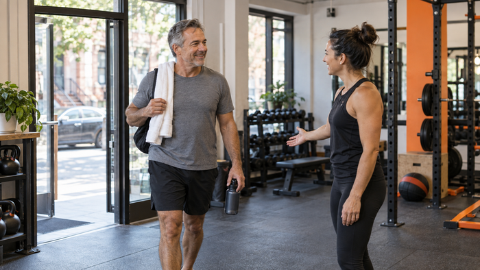 Illustrative fitness scene: a returning gym member greeted by a coach