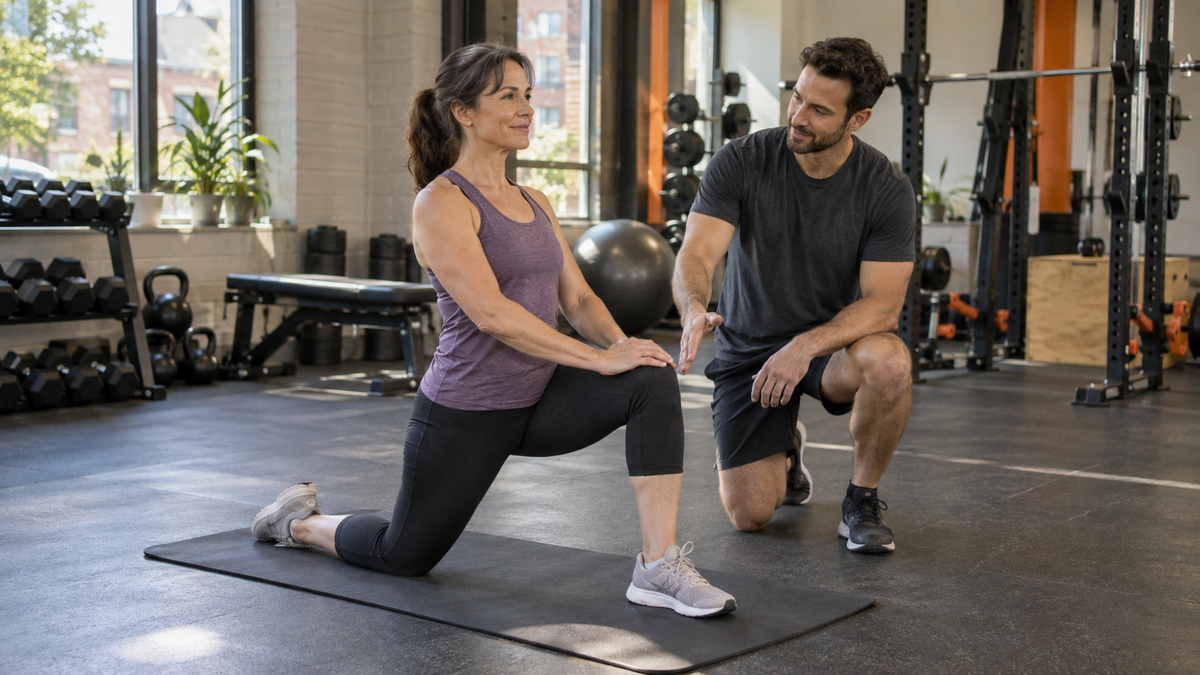 Illustrative fitness scene: a comfortable half-kneeling stretch with coaching