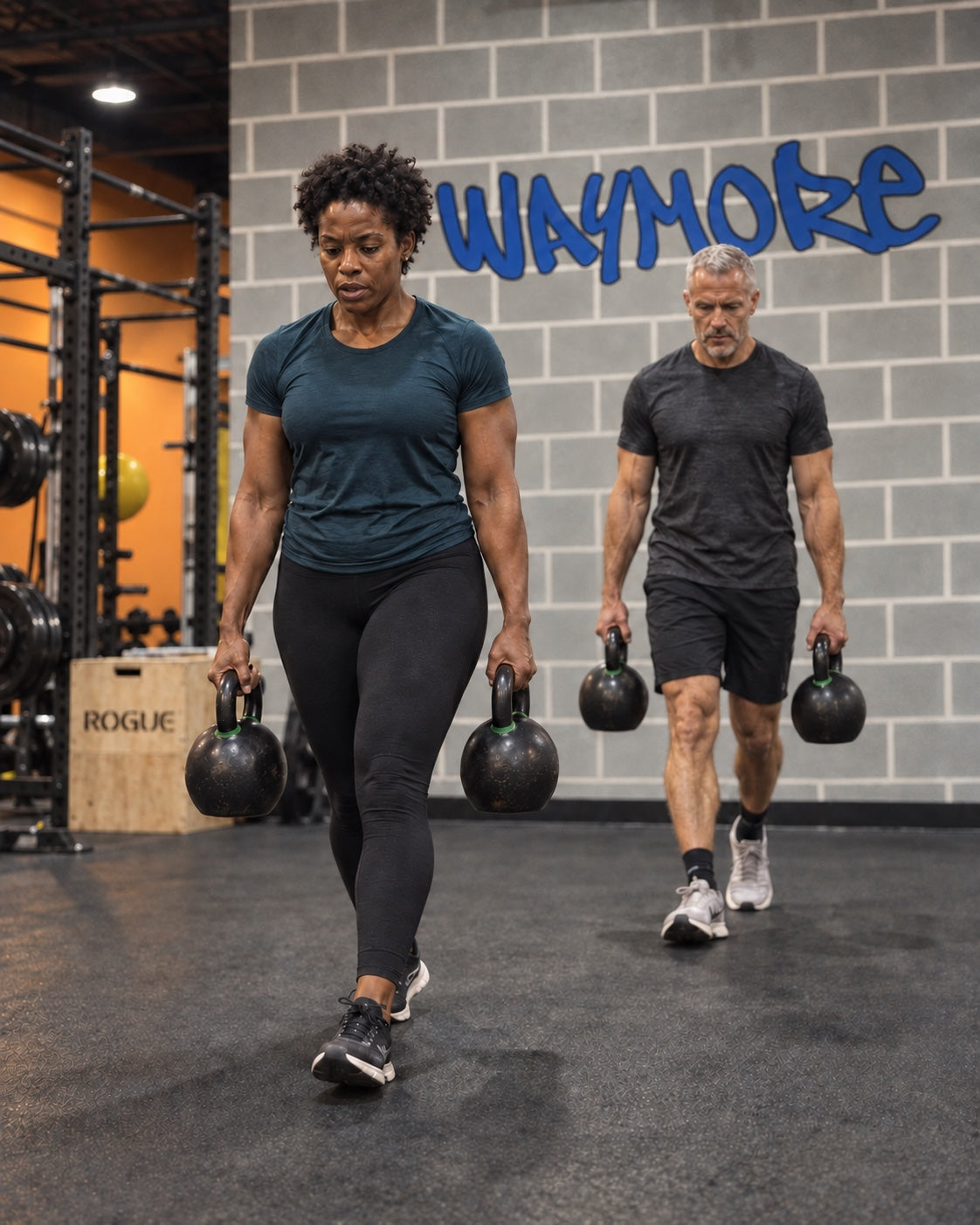Two different athletes practicing farmers carries beside WayMore’s blue mural — film-style AI campaign concept