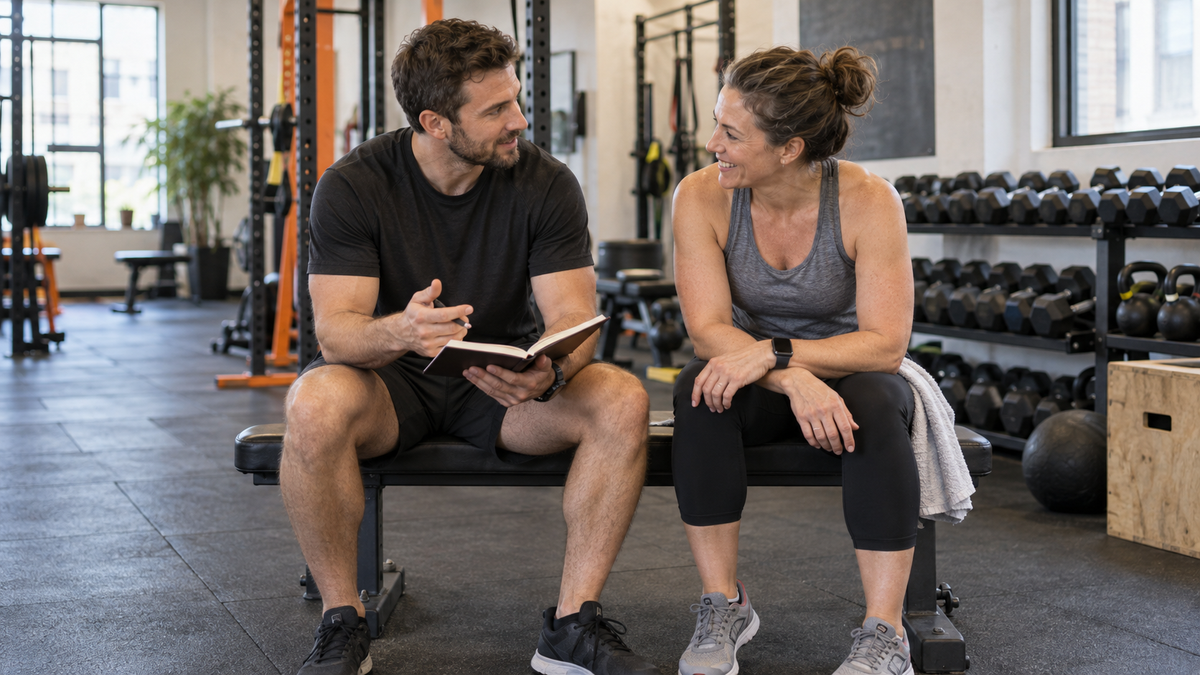 Illustrative fitness scene: a trainer and client discussing a training plan