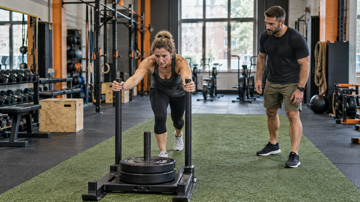 Illustrative fitness scene: an athlete practicing an indoor sled push