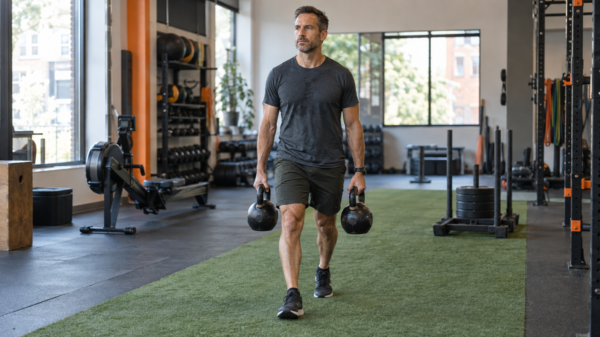 Illustrative fitness scene: an athlete practicing a kettlebell farmers carry