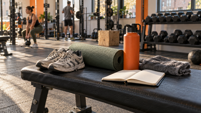 Training shoes, a mat, water bottle and notebook on a gym bench
