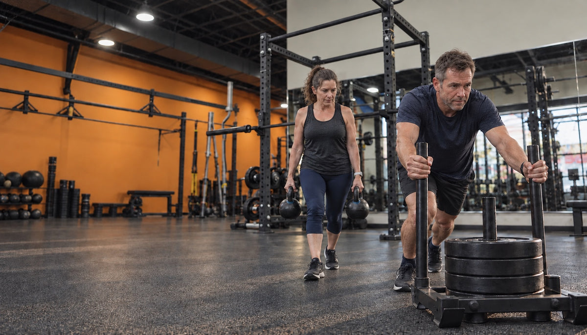 Man and woman in their 40s practicing sled pushes and kettlebell carries in a WayMore gym setting — AI-generated image
