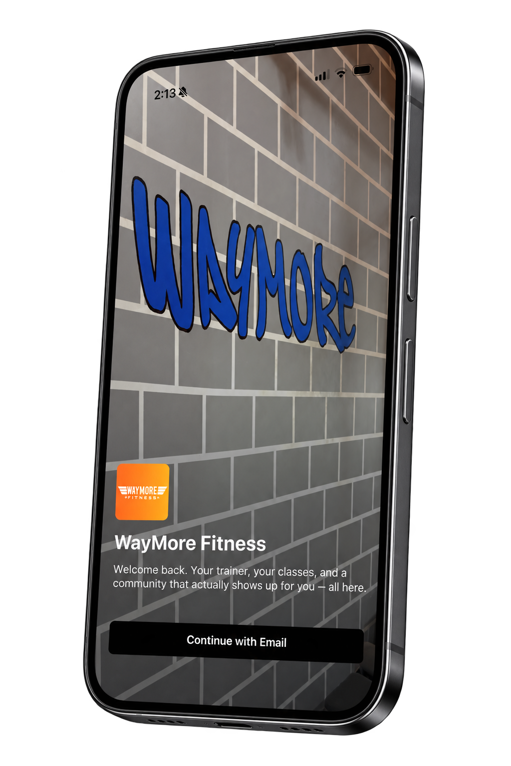 WayMore Fitness welcome screen shown on a complete, angled phone